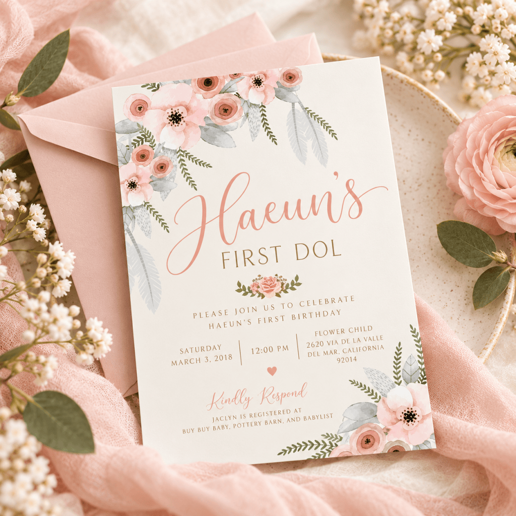 Boho floral Doljanchi invitation with blush flowers and soft neutral details.