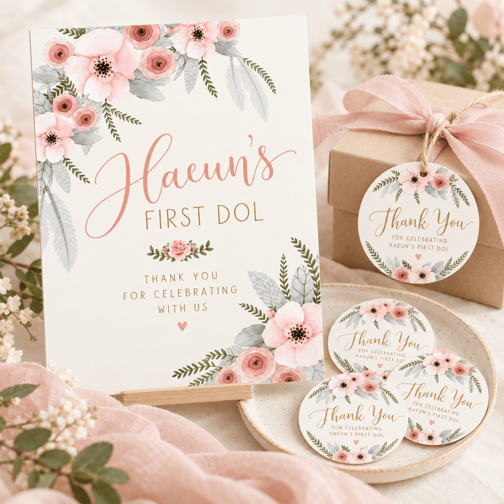 Boho floral Doljanchi thank-you sign and favor tags styled in soft blush and neutral tones.