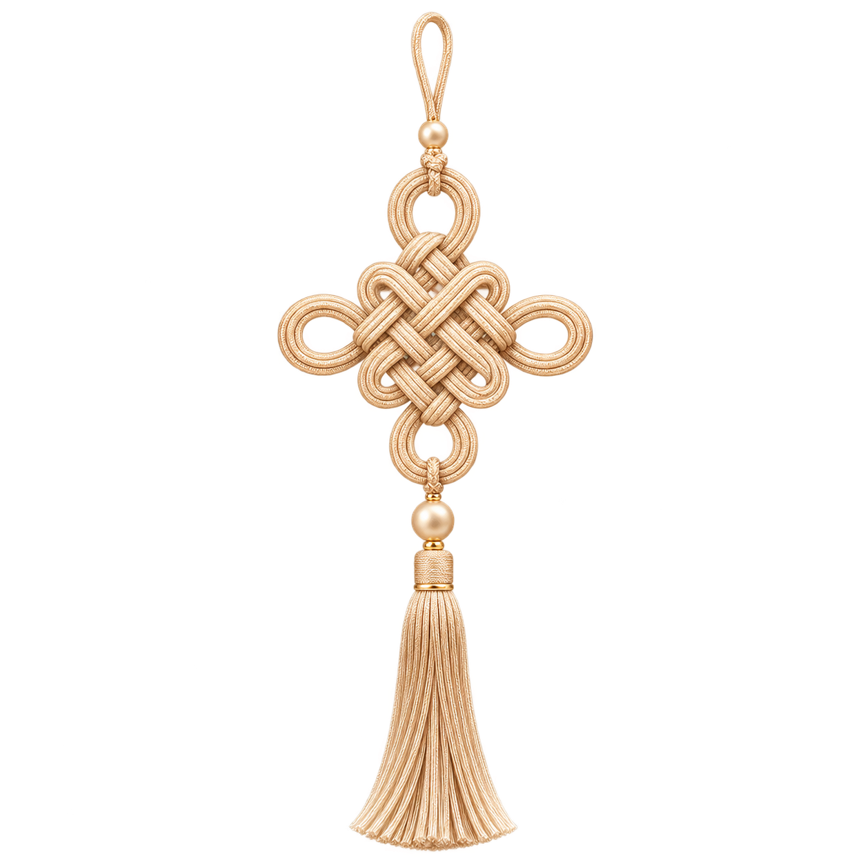 Champagne gold Korean knot ornament with a long tassel on a transparent background.