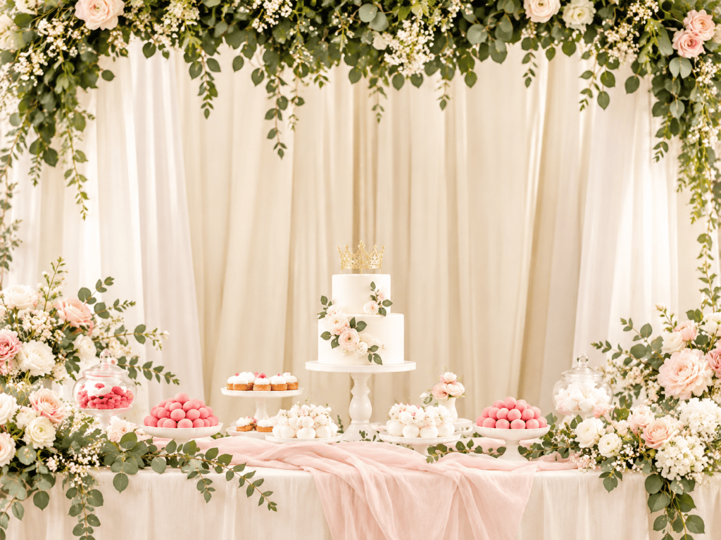 Elegant Korean first birthday doljanchi dessert table with blush flowers and traditional decor