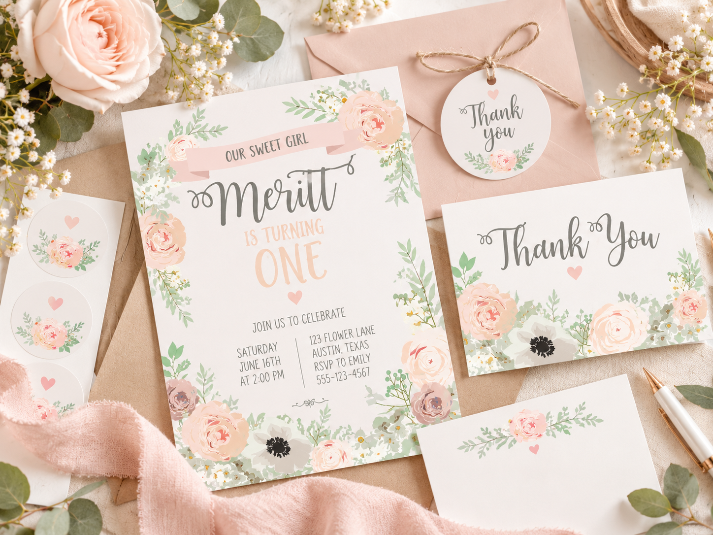 Custom floral stationery and printable designs in blush, ivory, sage, and gold