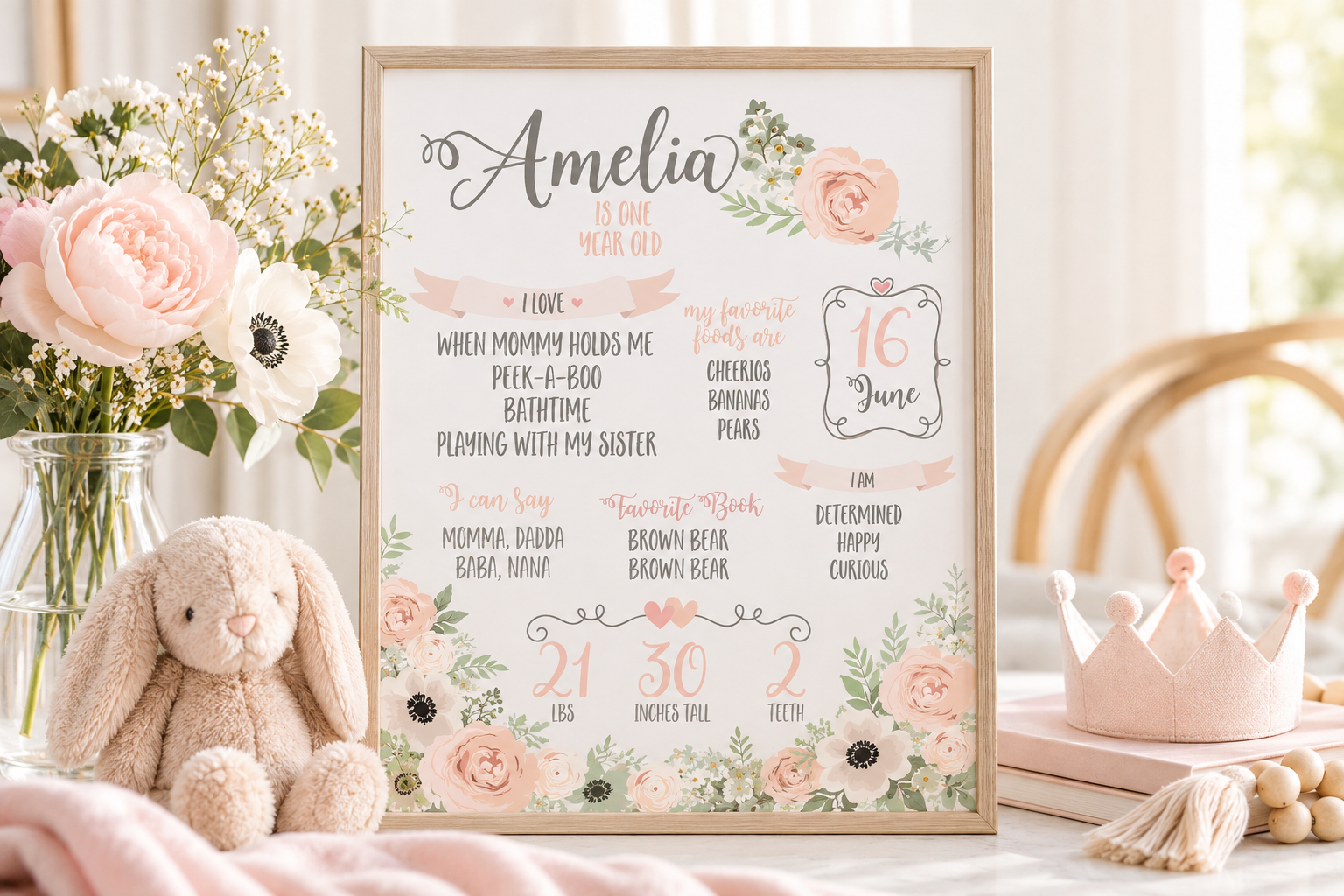 Milestone Framed first birthday milestone poster with blush floral details and nursery decor