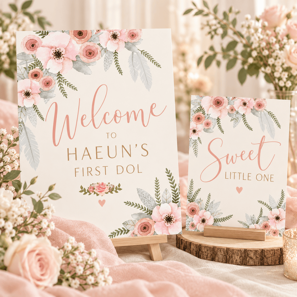 Boho floral Doljanchi welcome sign and coordinating party sign in blush and neutral tones.