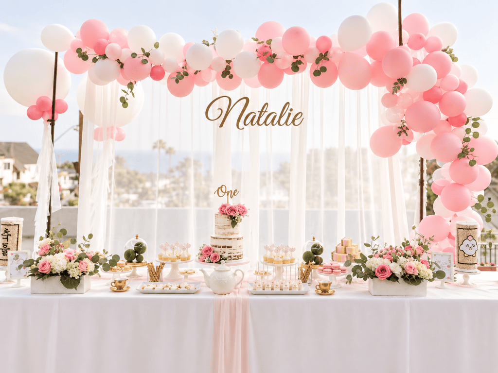 Pink and white Korean first birthday doljanchi dessert table with balloon garland, floral arrangements, "One" cake topper, and dol towers